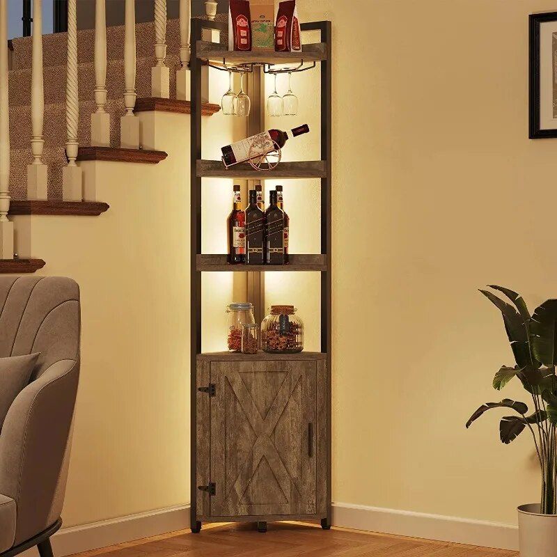 5-Tier Industrial Corner Bookcase with Wine Glass Holder Home Decor  