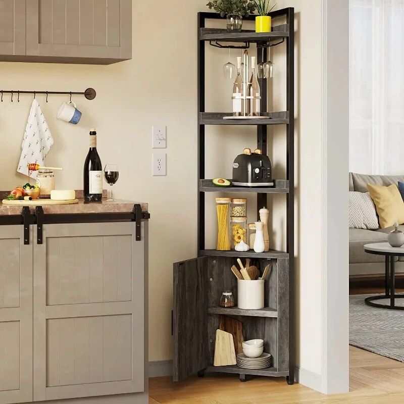 5-Tier Industrial Corner Bookcase with Wine Glass Holder Home Decor  