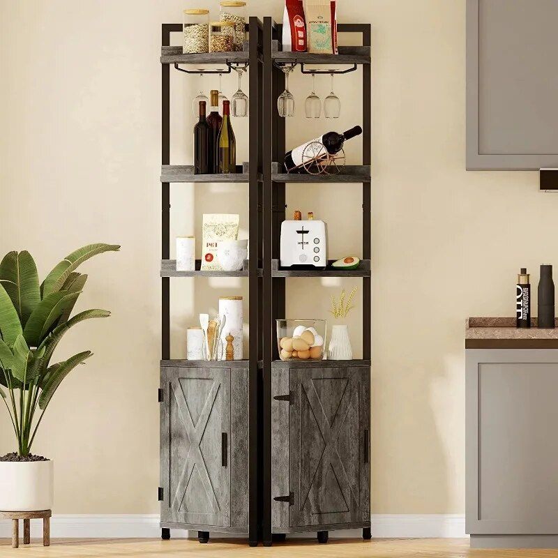 5-Tier Industrial Corner Bookcase with Wine Glass Holder Home Decor  
