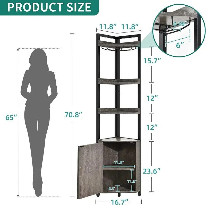 5-Tier Industrial Corner Bookcase with Wine Glass Holder Home Decor  