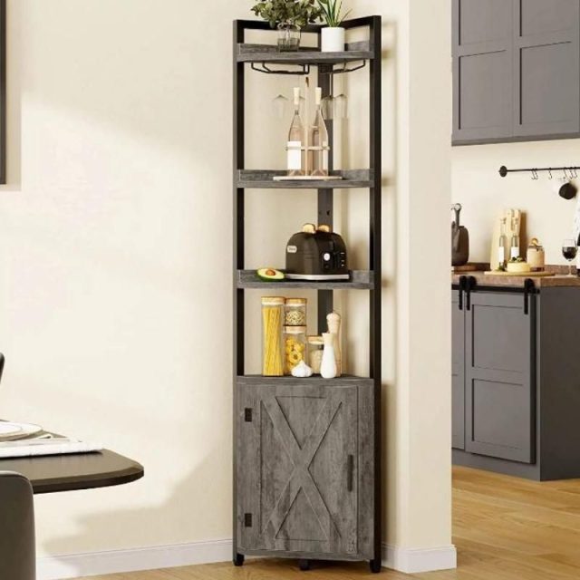 5-Tier Industrial Corner Bookcase with Wine Glass Holder Home Decor