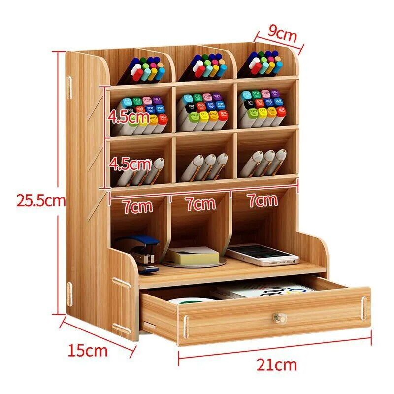 Elegant Wooden Desk Organizer with Pen Holder and Storage Box Home Office Color : White|Beige|Black 