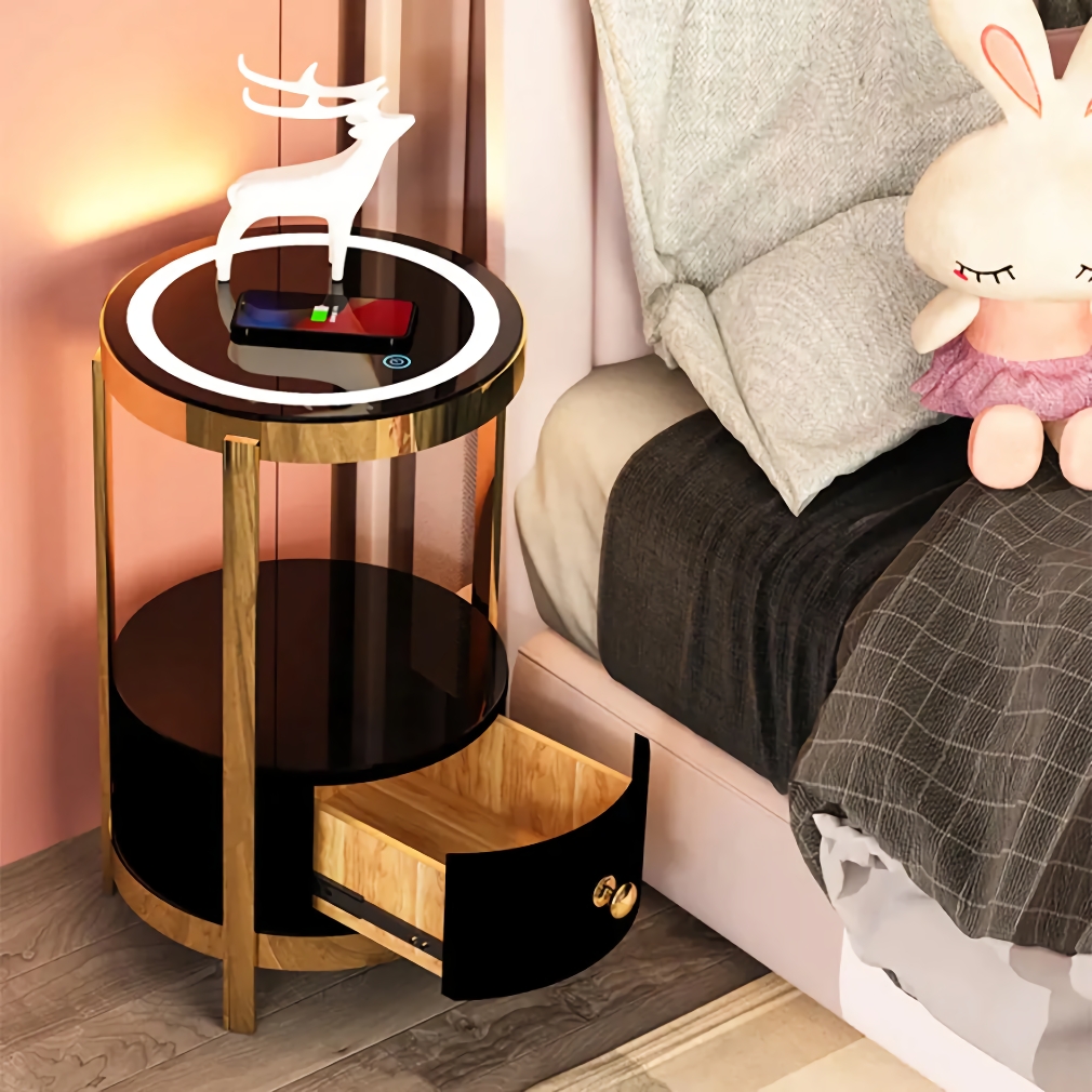 Modern Minimalist Nightstand with Wireless Charging and LED Light Home Decor Color: Black/Gold with Drawer 
