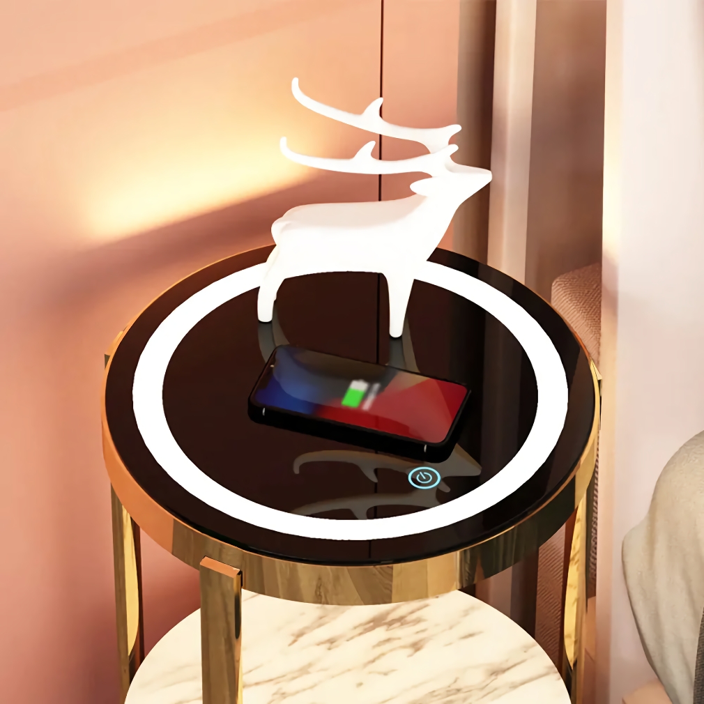 Modern Minimalist Nightstand with Wireless Charging and LED Light Home Decor Color : Black/Gold|Black/Gold with Drawer|White/Gold|White/Gold with Drawer 