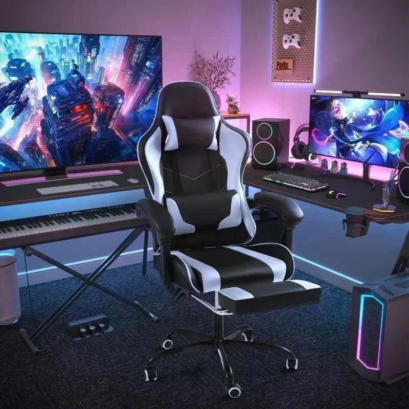 Ultimate Comfort PU Leather Gaming Chair with Massage Lumbar Support and Extendable Footrest Home Decor  