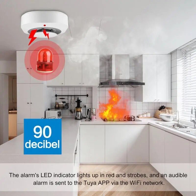 WiFi-Enabled Smart Smoke Detector with 90DB Alarm & Fire Sensor Household Supplies  