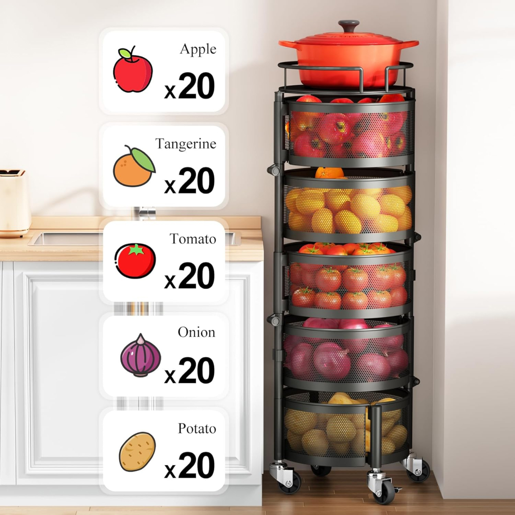 5-Tier Rotating Fruit and Vegetable Basket with Metal Lid Kitchen & Dining New Arrivals Color : Black 