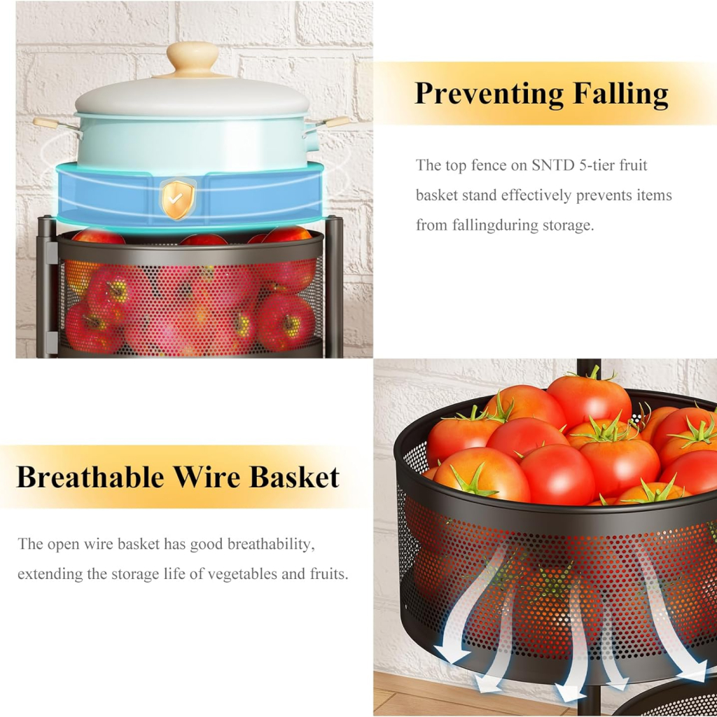 5-Tier Rotating Fruit and Vegetable Basket with Metal Lid Kitchen & Dining New Arrivals Color : Black 
