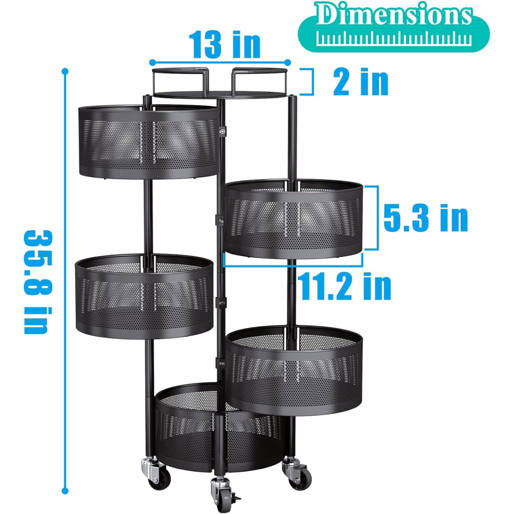 5-Tier Rotating Fruit and Vegetable Basket with Metal Lid Kitchen & Dining New Arrivals Color : Black 