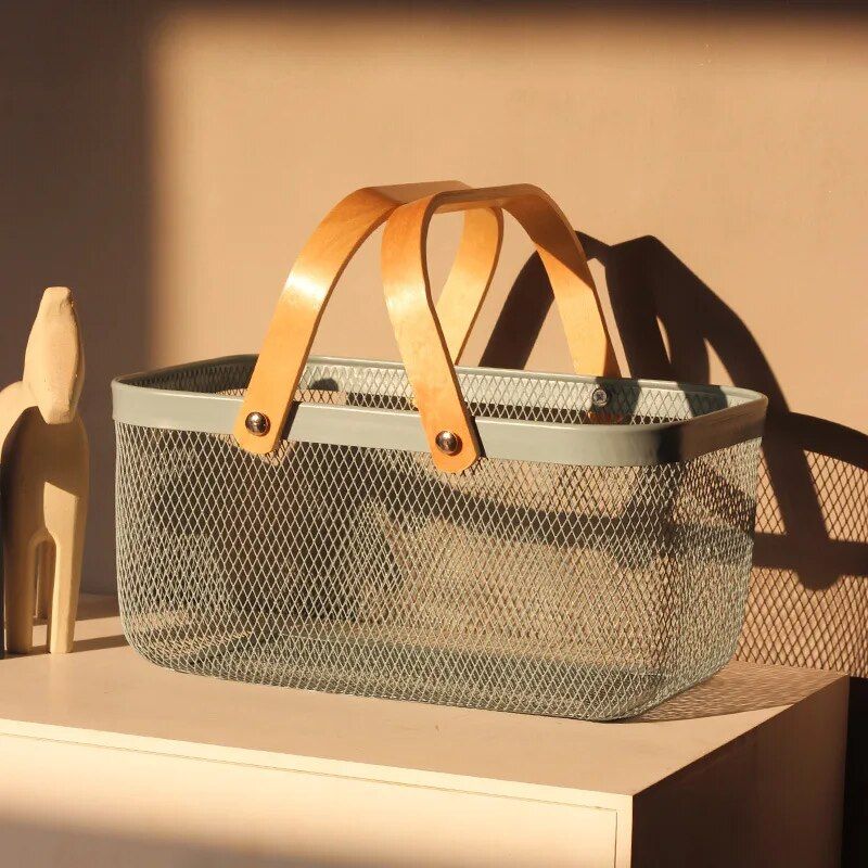 Multi-Purpose Iron Mesh Storage Basket with Wooden Handle Home Essentials New Arrivals Color : White|Pink|Blue|Black 