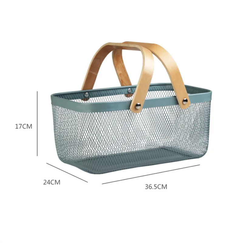 Multi-Purpose Iron Mesh Storage Basket with Wooden Handle Home Essentials New Arrivals Color : White|Pink|Blue|Black 