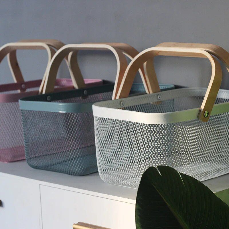 Multi-Purpose Iron Mesh Storage Basket with Wooden Handle Home Essentials New Arrivals Color : White|Pink|Blue|Black 