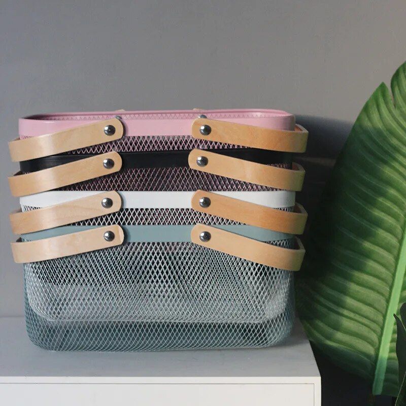Multi-Purpose Iron Mesh Storage Basket with Wooden Handle Home Essentials New Arrivals Color : White|Pink|Blue|Black 