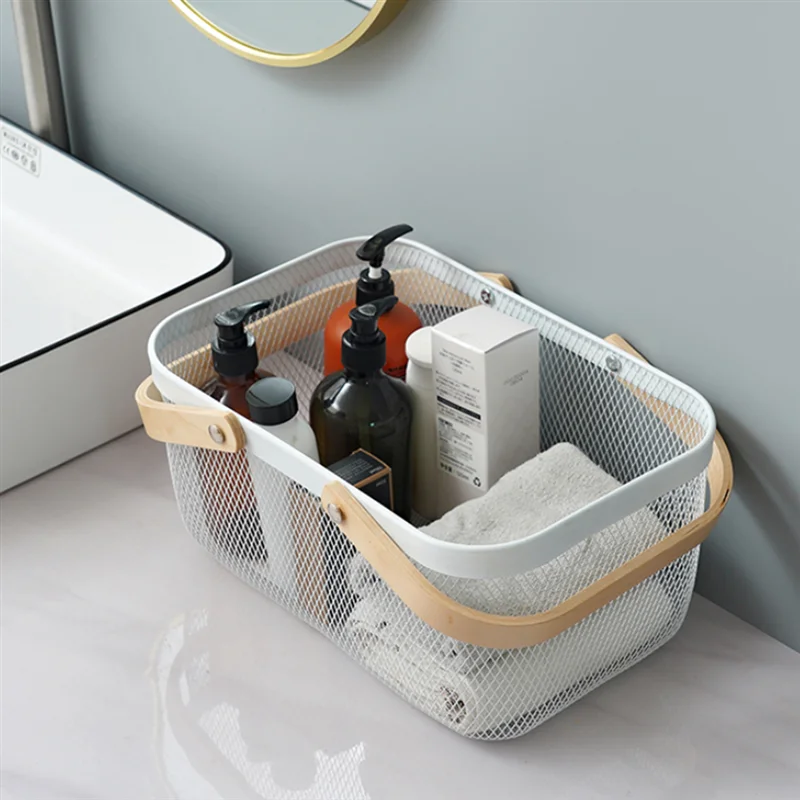 Multi-Purpose Iron Mesh Storage Basket with Wooden Handle Home Essentials New Arrivals Color : White|Pink|Blue|Black 
